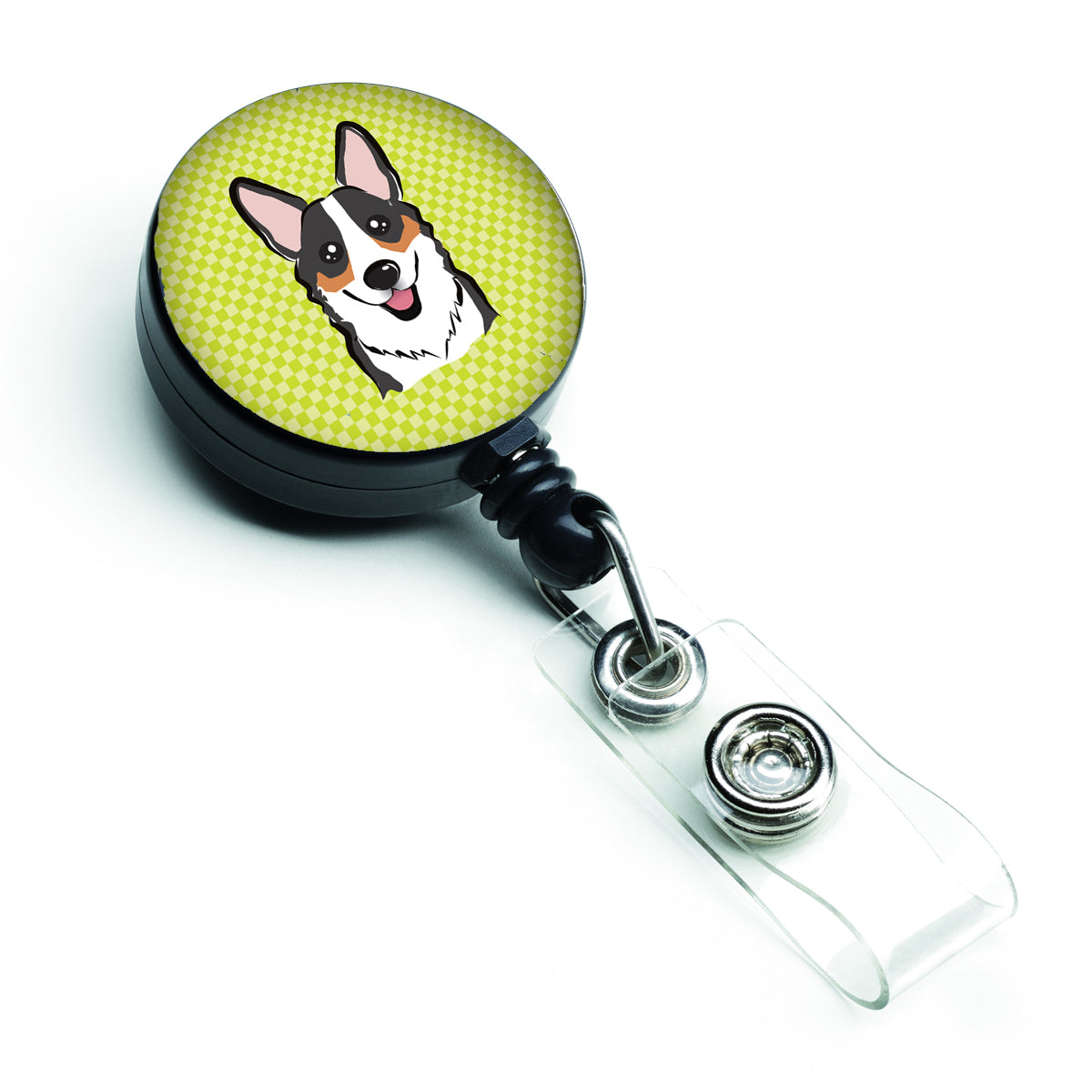 Checkerboard Lime Green Corgi Retractable Badge Reel BB1317BR.