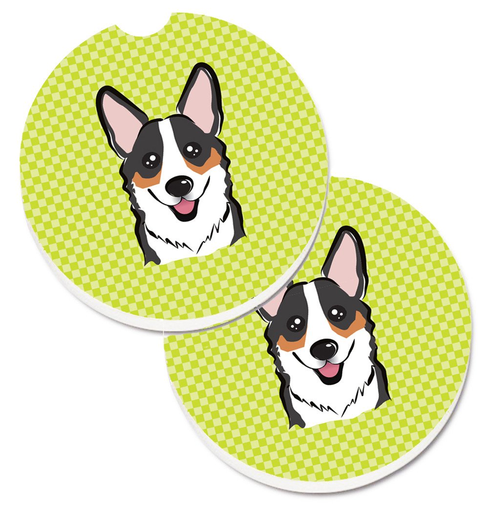 Checkerboard Lime Green Corgi Set of 2 Cup Holder Car Coasters BB1317CARC by Caroline&#39;s Treasures