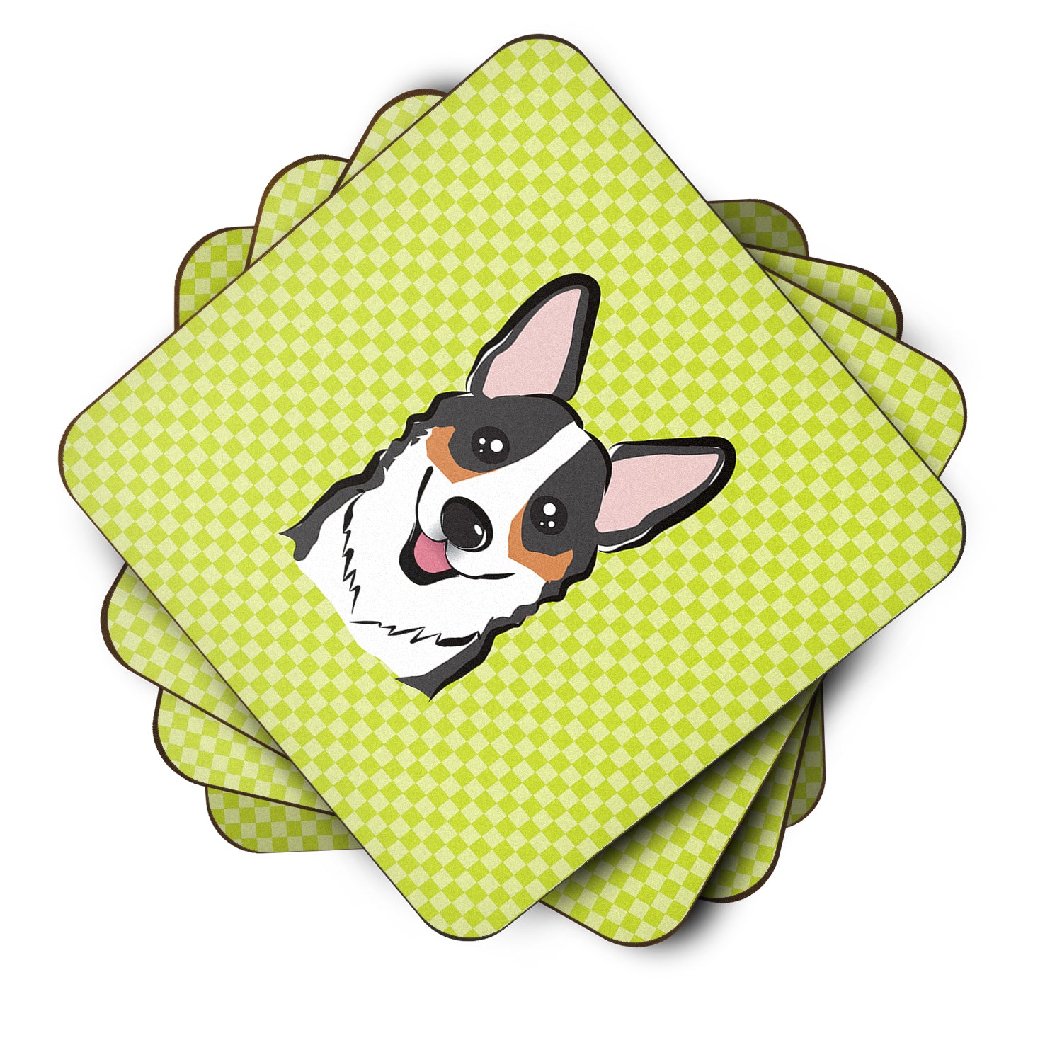 Set of 4 Checkerboard Lime Green Corgi Foam Coasters BB1317FC - the-store.com