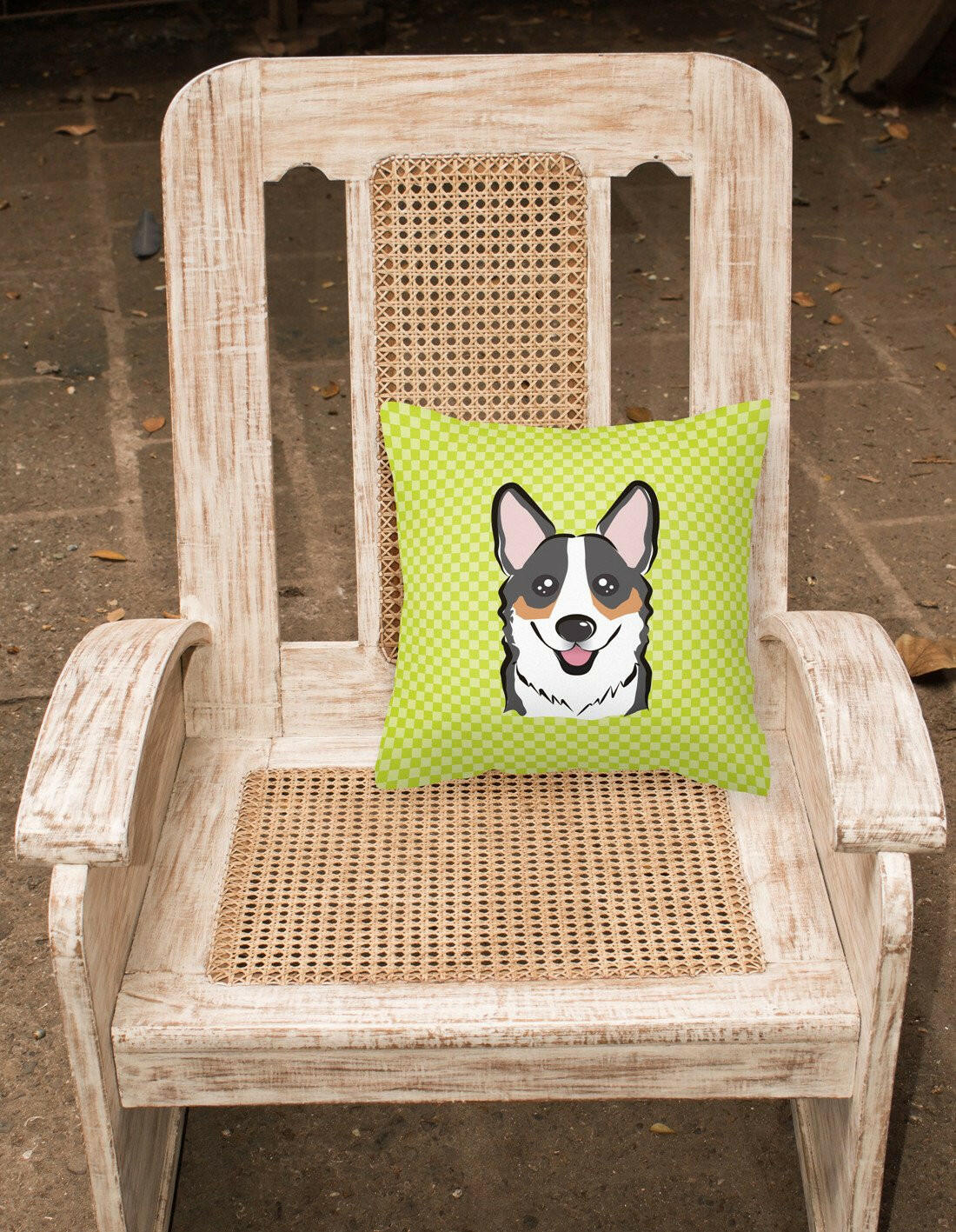 Checkerboard Lime Green Corgi Canvas Fabric Decorative Pillow BB1317PW1414 - the-store.com