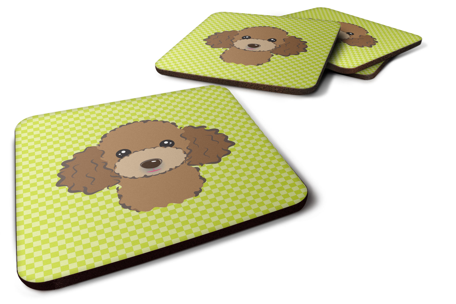 Set of 4 Checkerboard Lime Green Chocolate Brown Poodle Foam Coasters BB1318FC - the-store.com