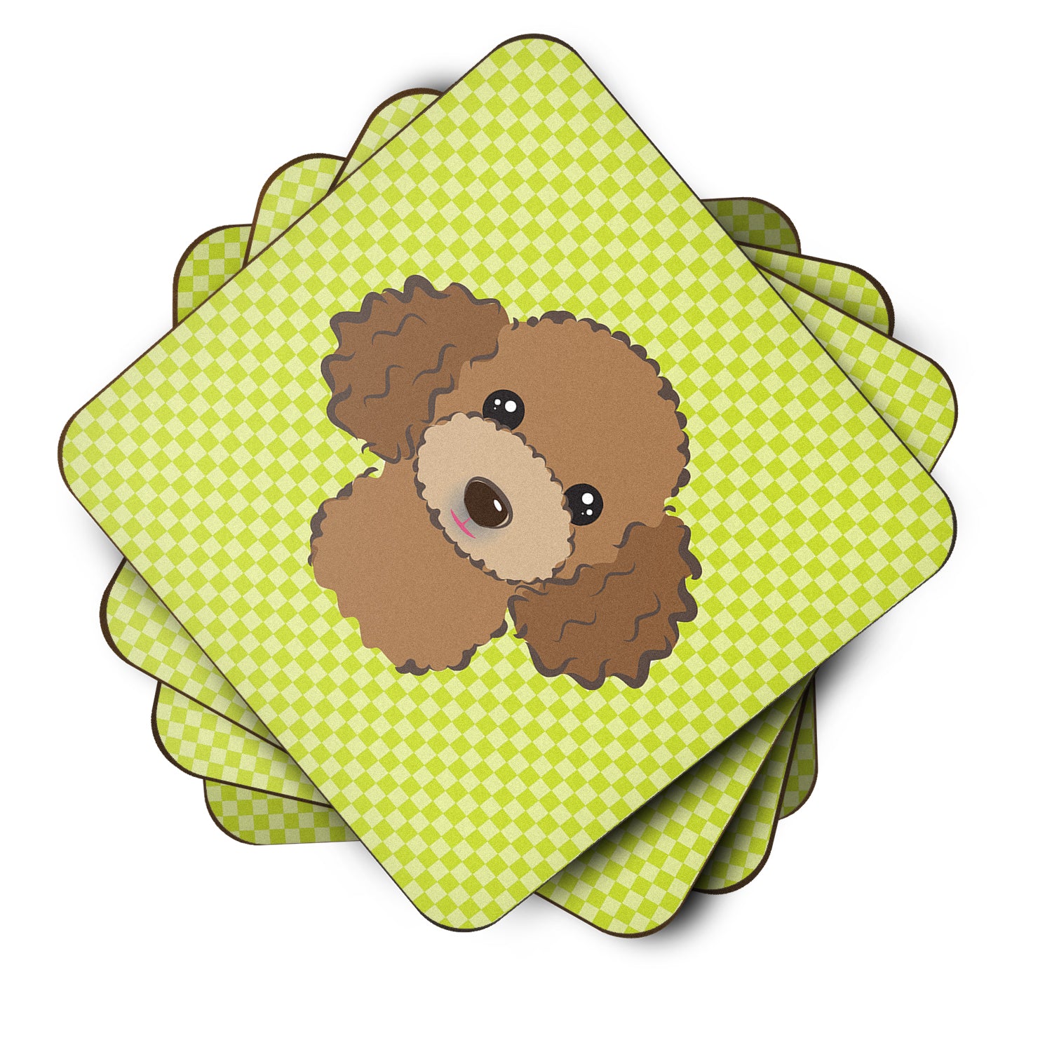 Set of 4 Checkerboard Lime Green Chocolate Brown Poodle Foam Coasters BB1318FC - the-store.com