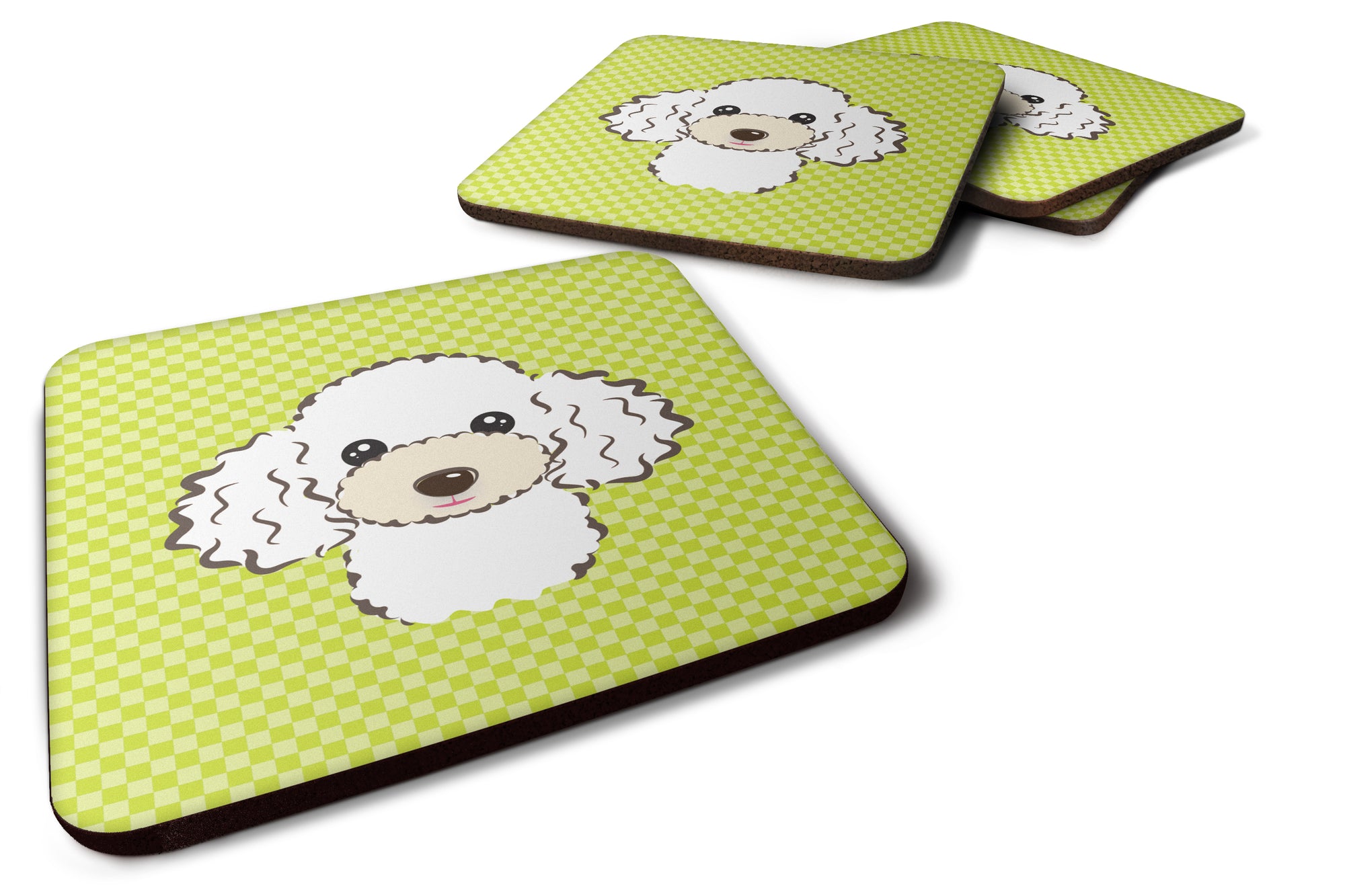 Set of 4 Checkerboard Lime Green White Poodle Foam Coasters BB1319FC - the-store.com