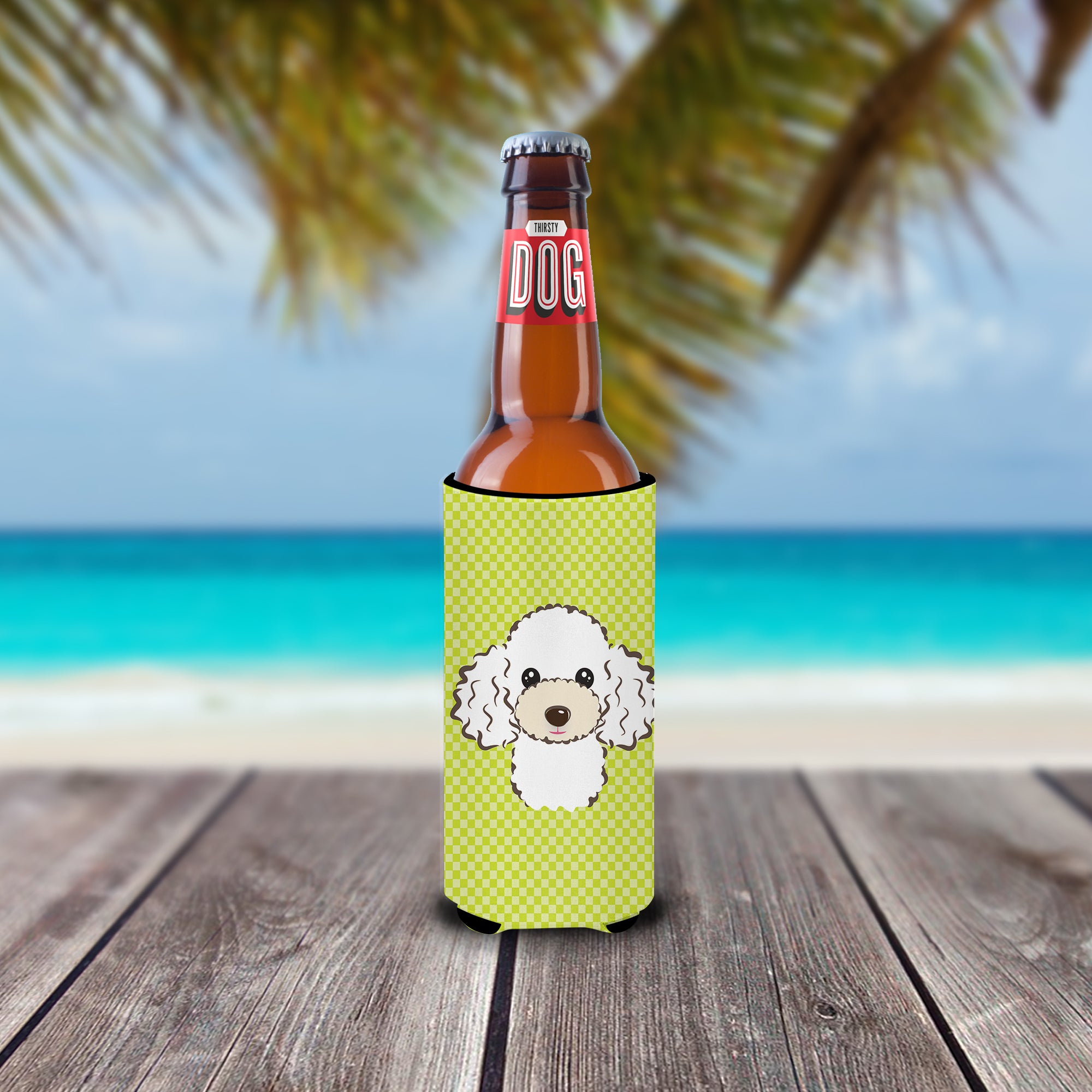 Checkerboard Lime Green White Poodle Ultra Beverage Insulators for slim cans.
