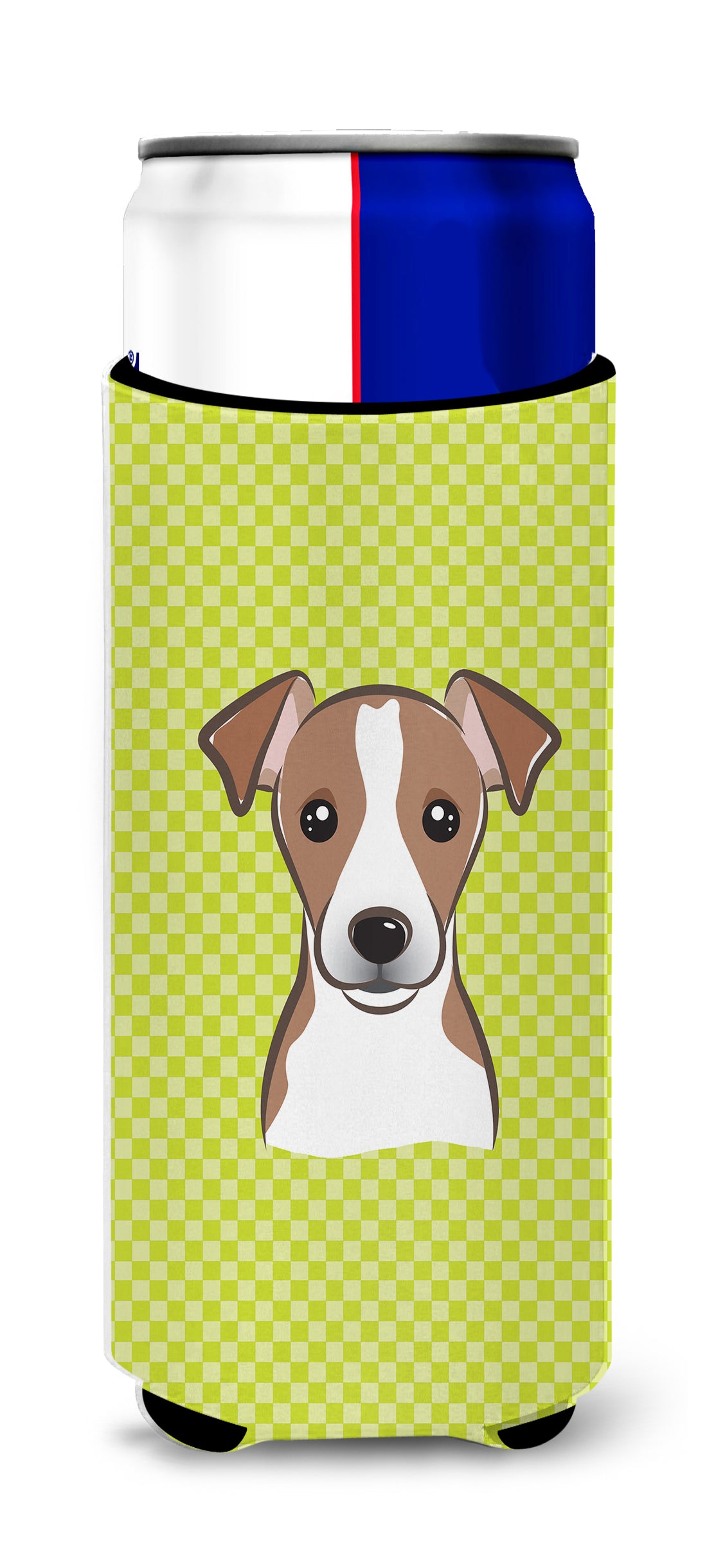 Checkerboard Lime Jack Russell Terrier Ultra Beverage Insulators for slim cans.