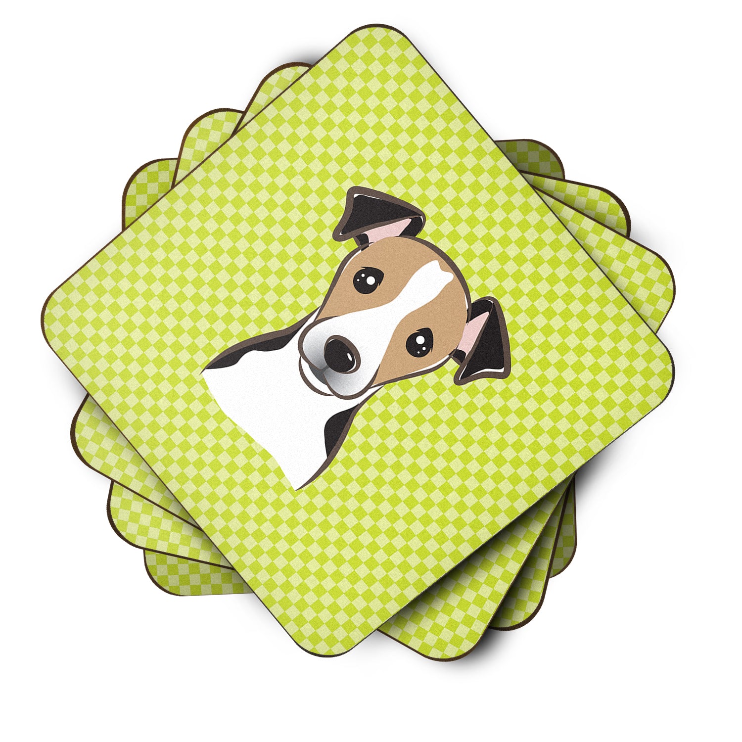 Set of 4 Checkerboard Lime Green Jack Russell Terrier Foam Coasters BB1323FC - the-store.com