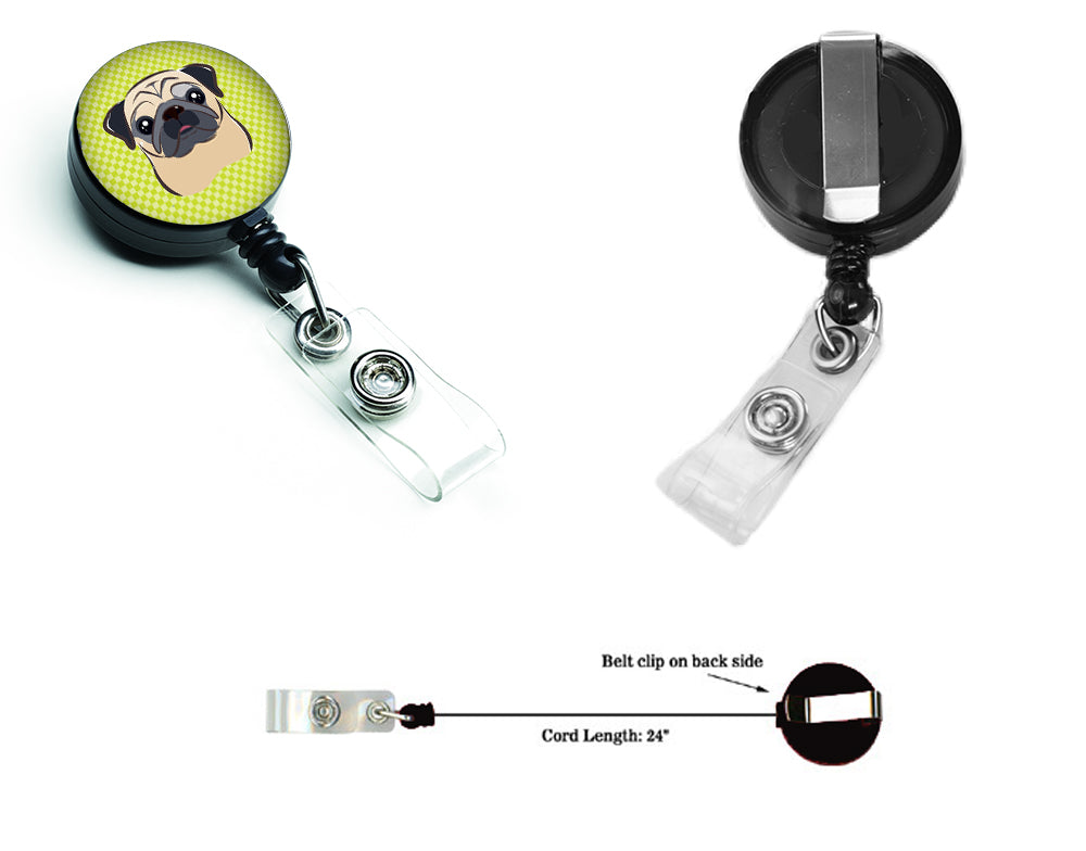 Checkerboard Lime Green Fawn Pug Retractable Badge Reel BB1324BR.