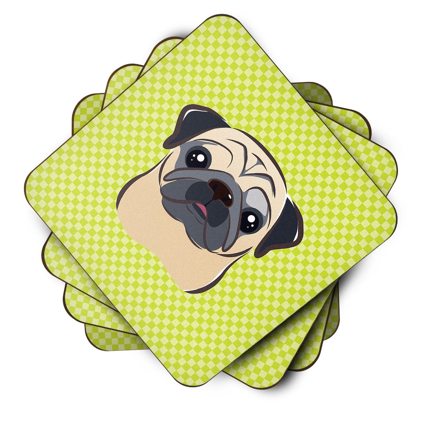 Set of 4 Checkerboard Lime Green Fawn Pug Foam Coasters BB1324FC - the-store.com