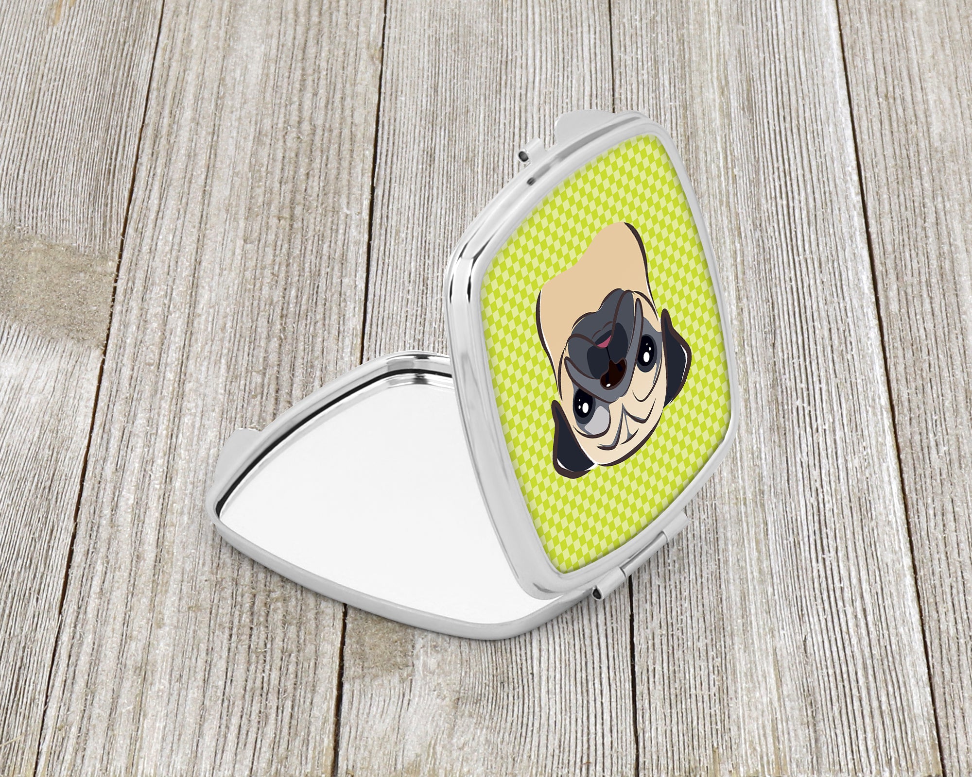 Checkerboard Lime Green Fawn Pug Compact Mirror BB1324SCM  the-store.com.
