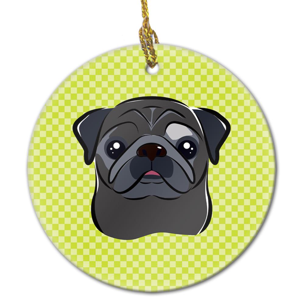 Checkerboard Lime Green Black Pug Ceramic Ornament BB1325CO1 by Caroline&#39;s Treasures