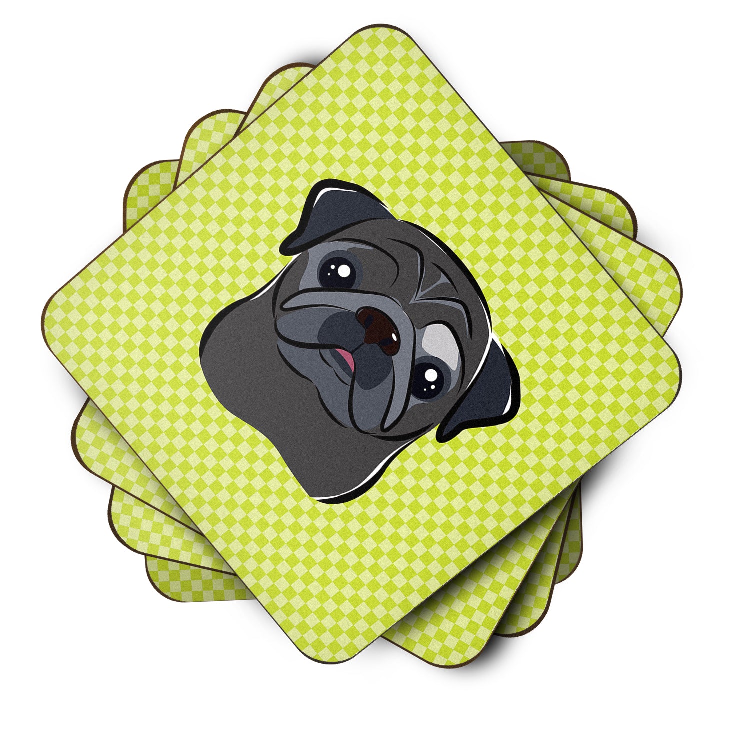 Set of 4 Checkerboard Lime Green Black Pug Foam Coasters BB1325FC - the-store.com