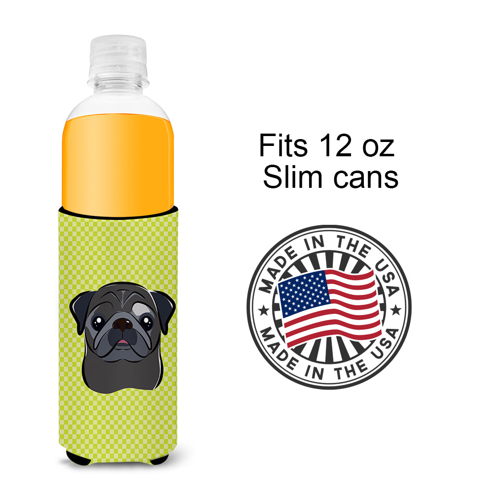 Checkerboard Lime Green Black Pug Ultra Beverage Insulators for slim cans BB1325MUK.