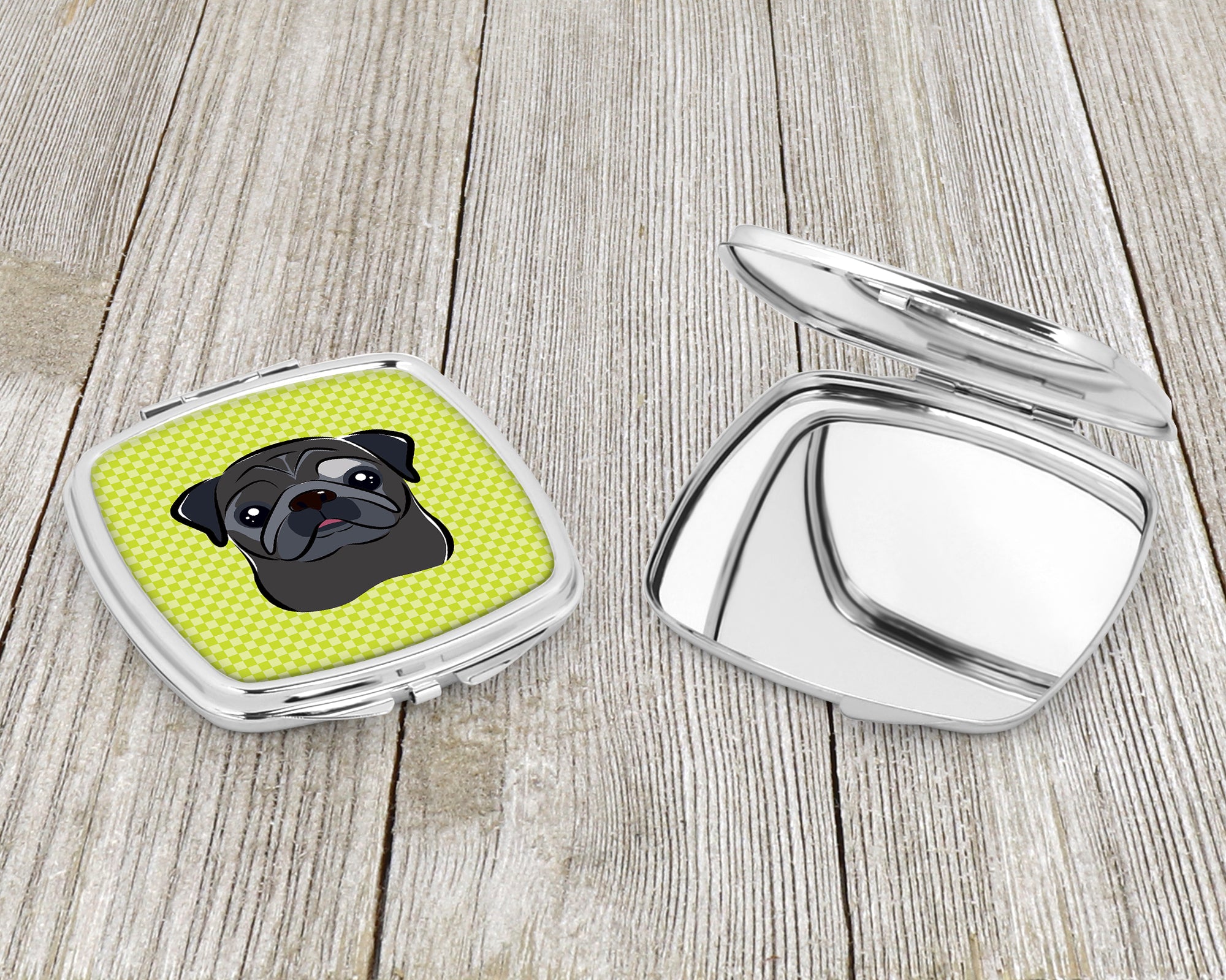 Checkerboard Lime Green Black Pug Compact Mirror BB1325SCM  the-store.com.