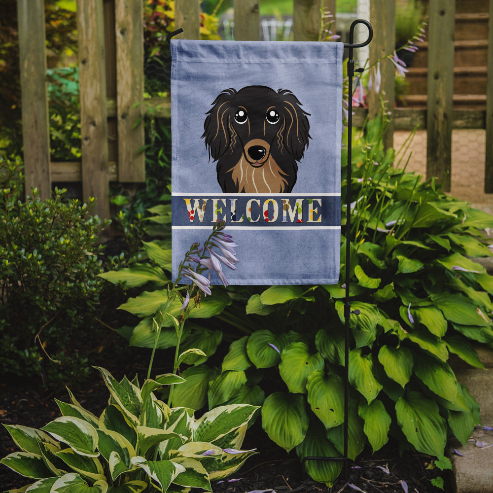 Longhair Black and Tan Dachshund Welcome Flag Garden Size BB1399GF.