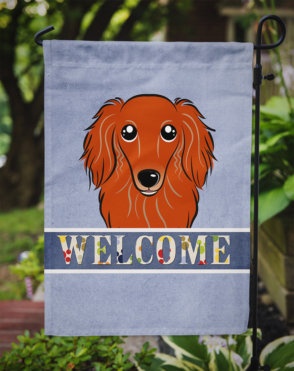 Longhair Red Dachshund Welcome Flag Garden Size BB1400GF.