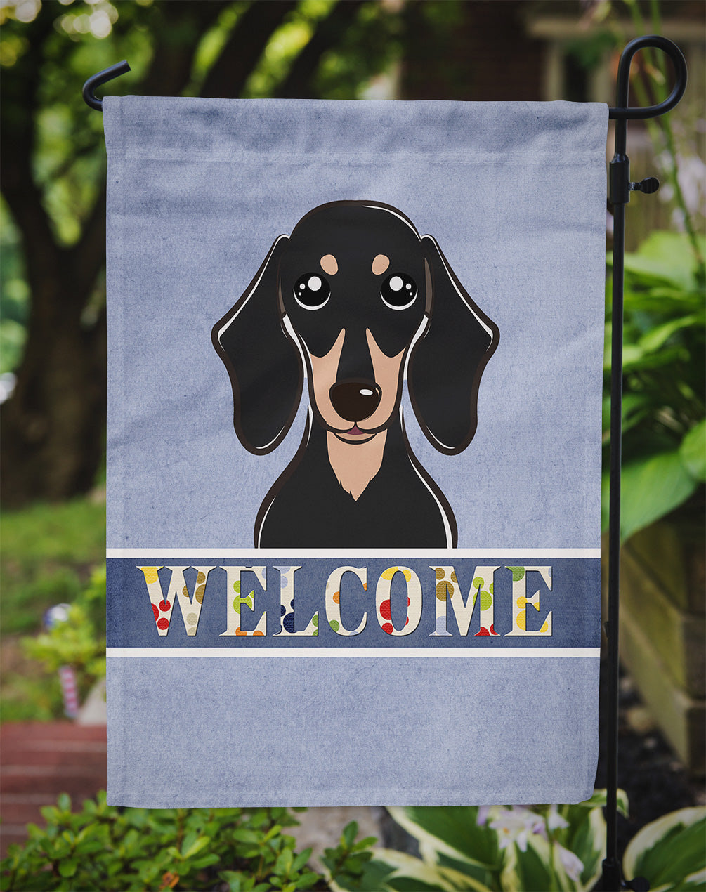 Smooth Black and Tan Dachshund Welcome Flag Garden Size BB1401GF.