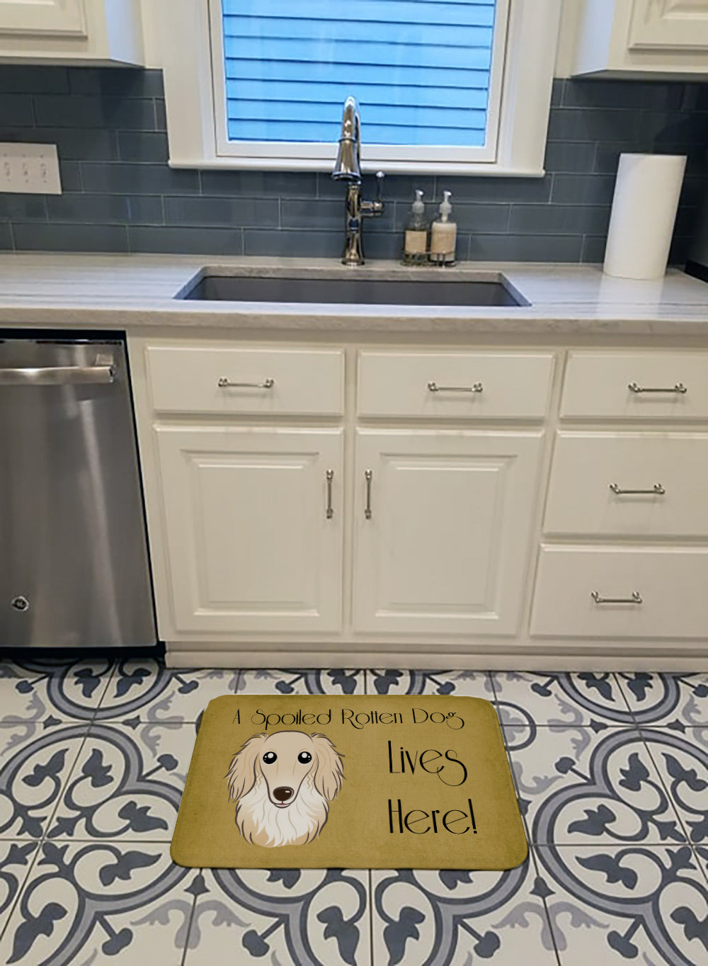 Longhair Creme Dachshund Spoiled Dog Lives Here Machine Washable Memory Foam Mat BB1460RUG - the-store.com