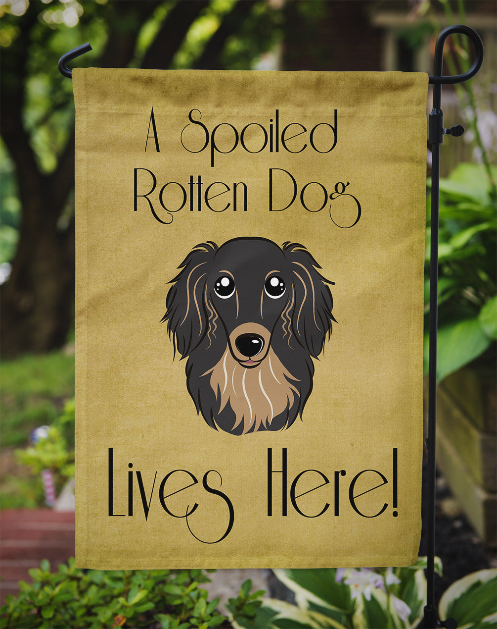 Longhair Black and Tan Dachshund Spoiled Dog Lives Here Flag Garden Size BB1461GF.