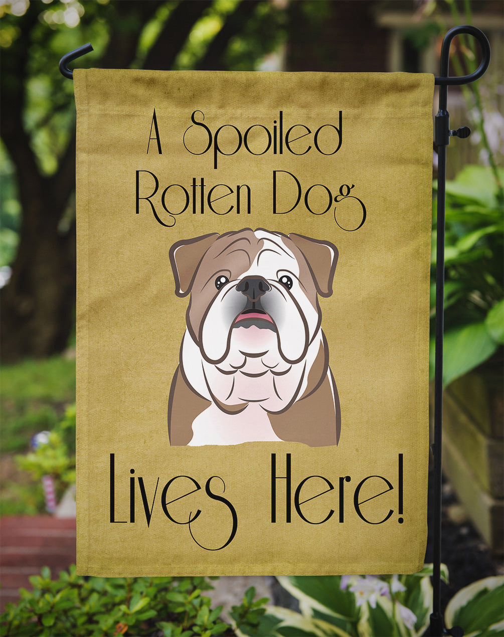 English Bulldog  Spoiled Dog Lives Here Flag Garden Size BB1467GF.