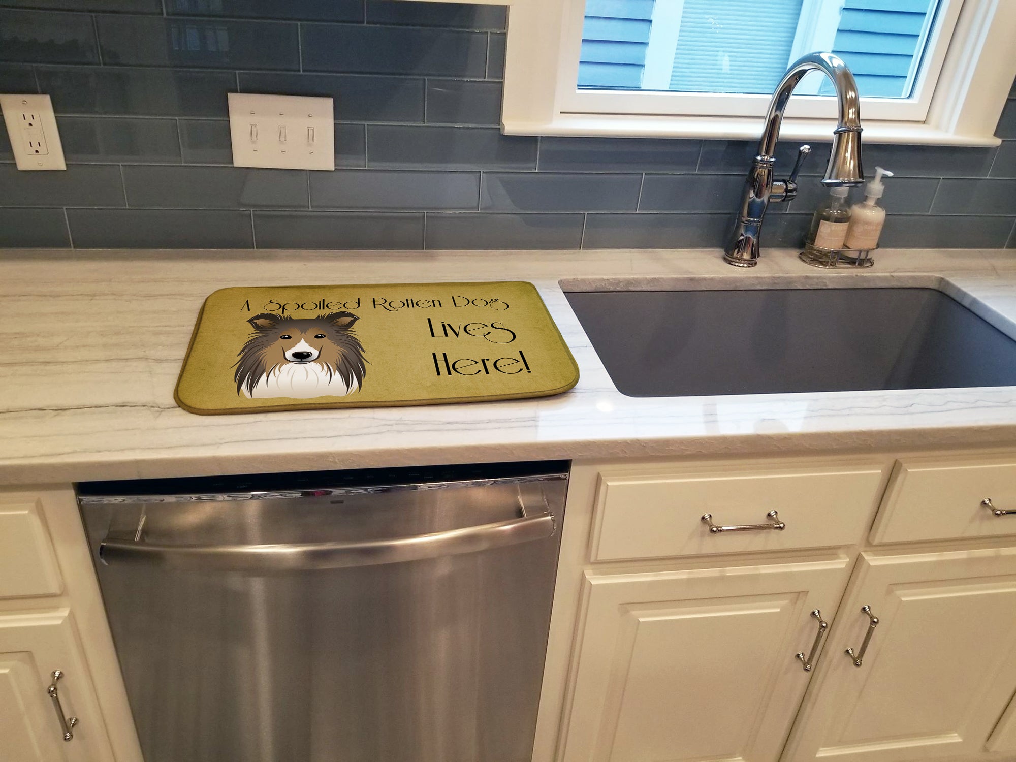 Sheltie Spoiled Dog Lives Here Dish Drying Mat BB1490DDM  the-store.com.