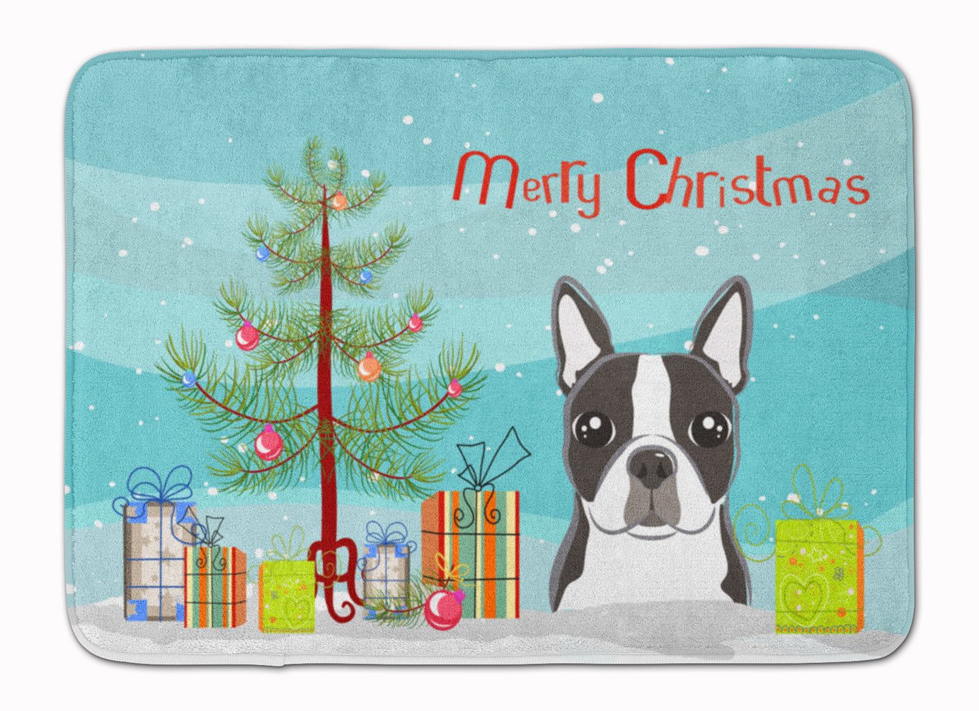 Christmas Tree and Boston Terrier Machine Washable Memory Foam Mat BB1575RUG - the-store.com