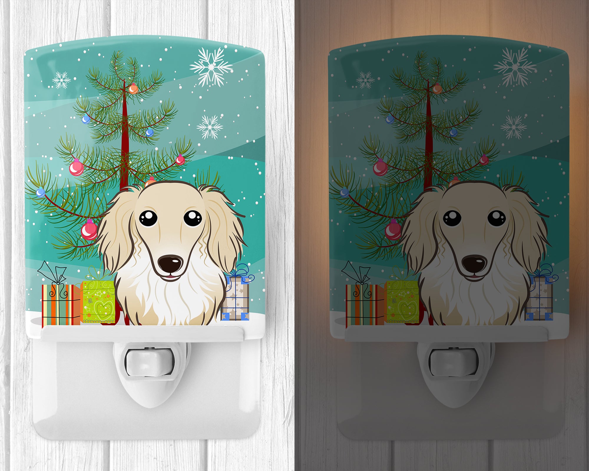 Christmas Tree and Longhair Creme Dachshund Ceramic Night Light BB1584CNL - the-store.com