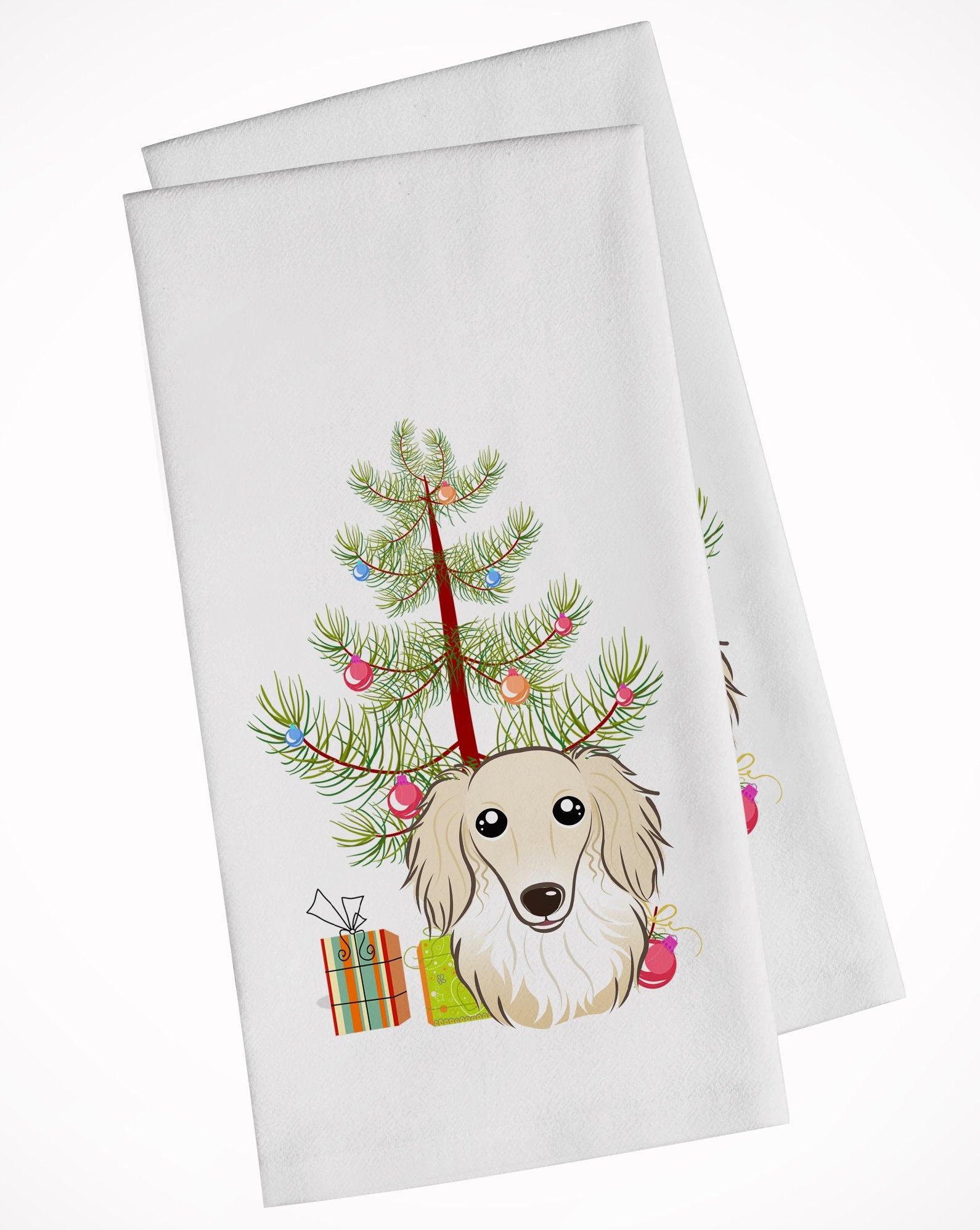 Christmas Tree and Longhair Creme Dachshund White Kitchen Towel Set of 2 BB1584WTKT by Caroline's Treasures