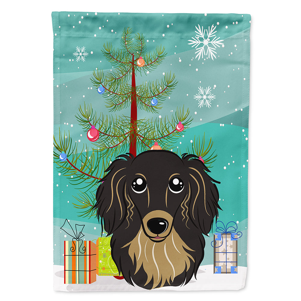 Christmas Tree and Longhair Black and Tan Dachshund Flag Canvas House Size BB1585CHF  the-store.com.