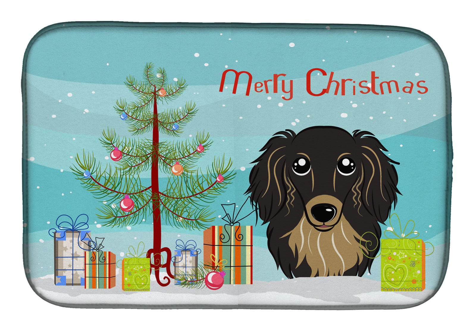 Christmas Tree and Longhair Black and Tan Dachshund Dish Drying Mat BB1585DDM  the-store.com.