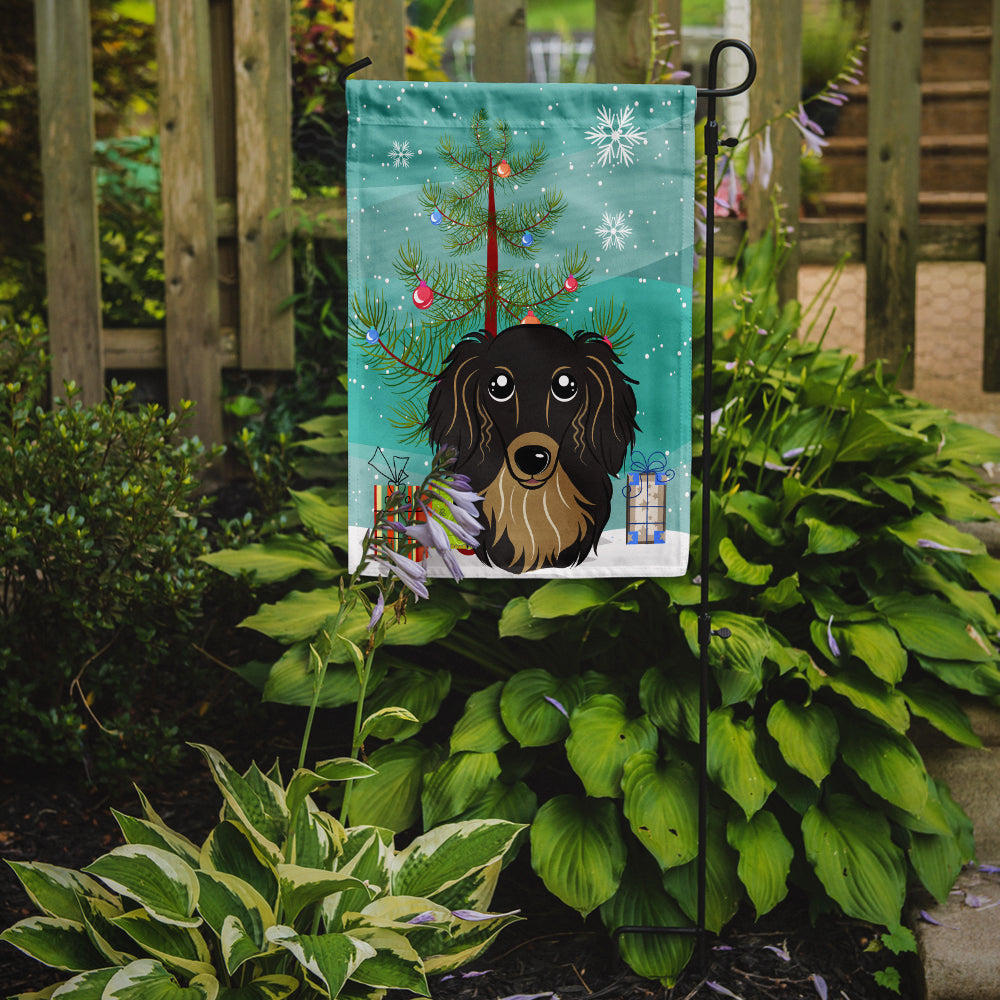 Christmas Tree and Longhair Black and Tan Dachshund Flag Garden Size BB1585GF.