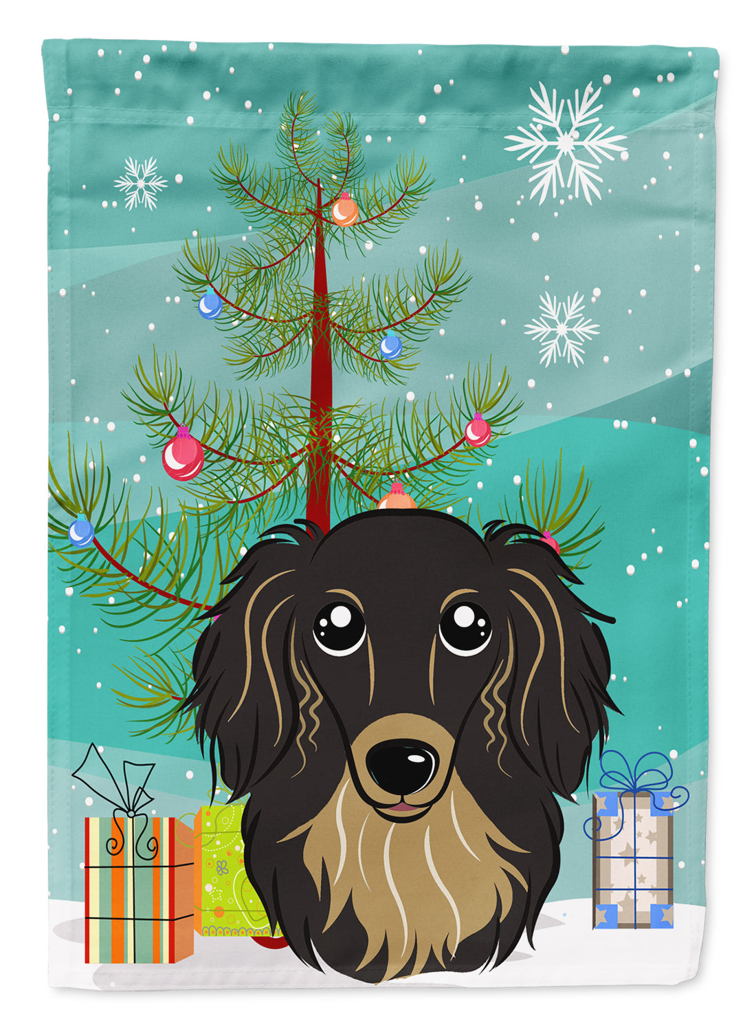 Christmas Tree and Longhair Black and Tan Dachshund Flag Garden Size BB1585GF.