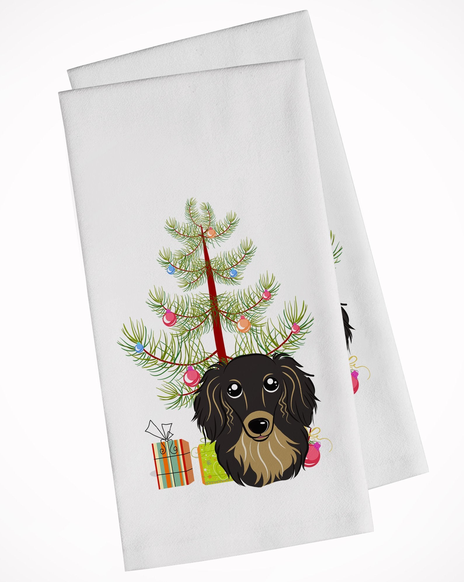 Christmas Tree and Longhair Black and Tan Dachshund White Kitchen Towel Set of 2 BB1585WTKT by Caroline's Treasures