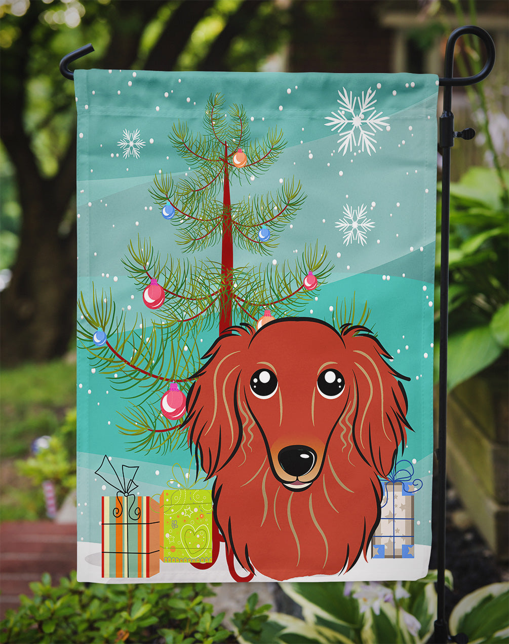 Christmas Tree and Longhair Red Dachshund Flag Garden Size BB1586GF.