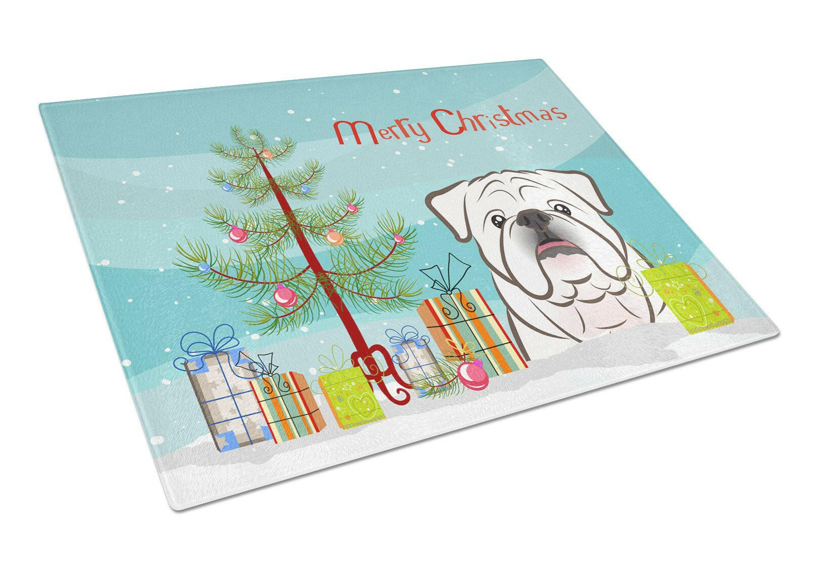 Christmas Tree and White English Bulldog  Glass Cutting Board Large BB1592LCB by Caroline's Treasures