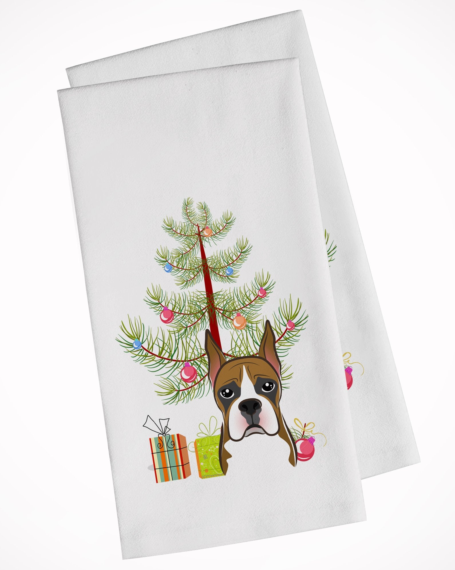 Christmas Tree and Boxer White Kitchen Towel Set of 2 BB1595WTKT by Caroline's Treasures