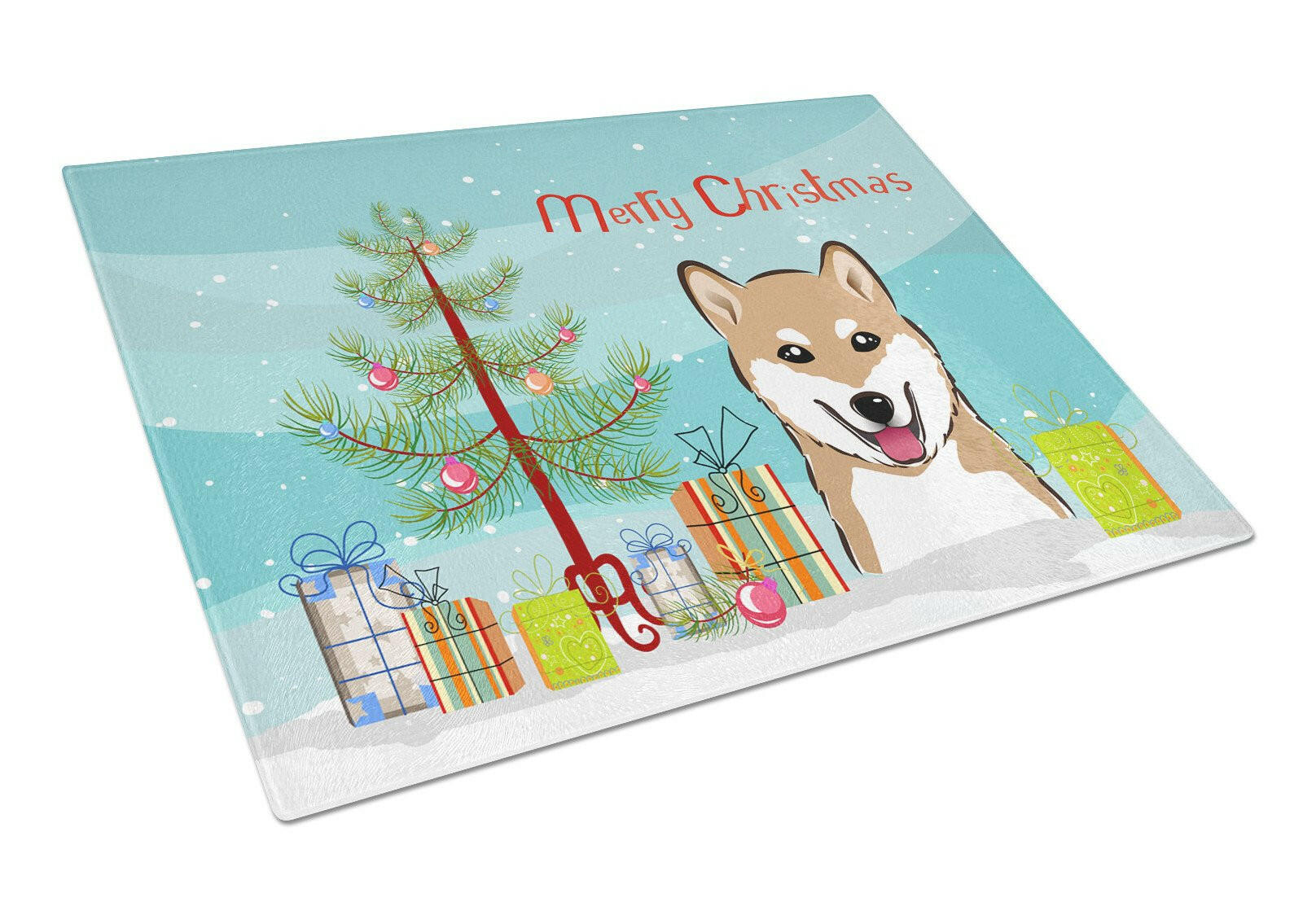 Christmas Tree and Shiba Inu Glass Cutting Board Large BB1597LCB by Caroline's Treasures