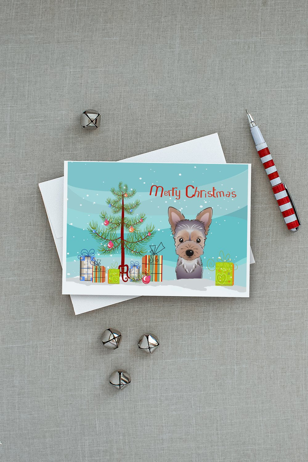 Christmas Tree and Yorkie Puppy Greeting Cards and Envelopes Pack of 8 - the-store.com