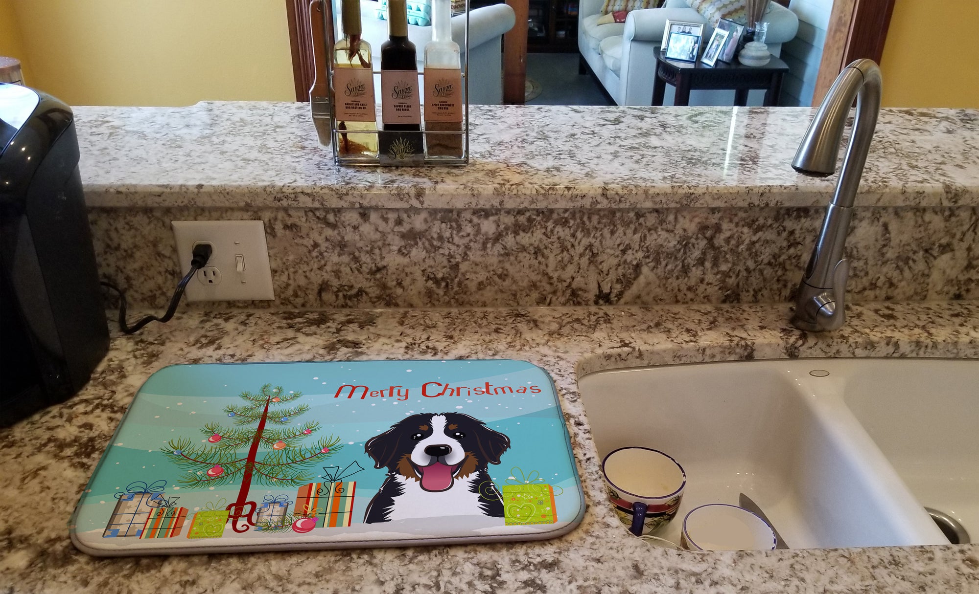 Christmas Tree and Bernese Mountain Dog Dish Drying Mat BB1609DDM  the-store.com.