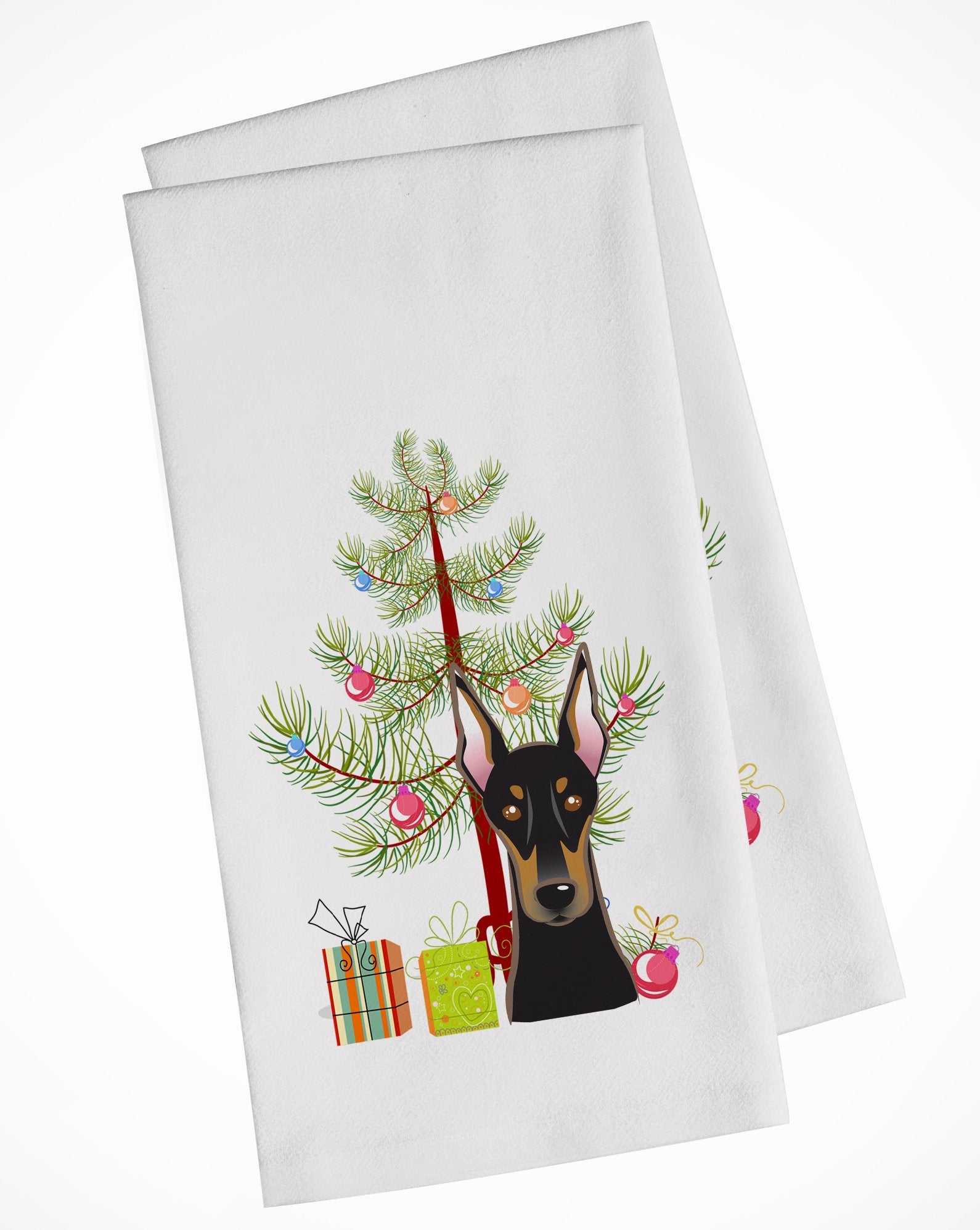 Christmas Tree and Doberman White Kitchen Towel Set of 2 BB1617WTKT by Caroline's Treasures