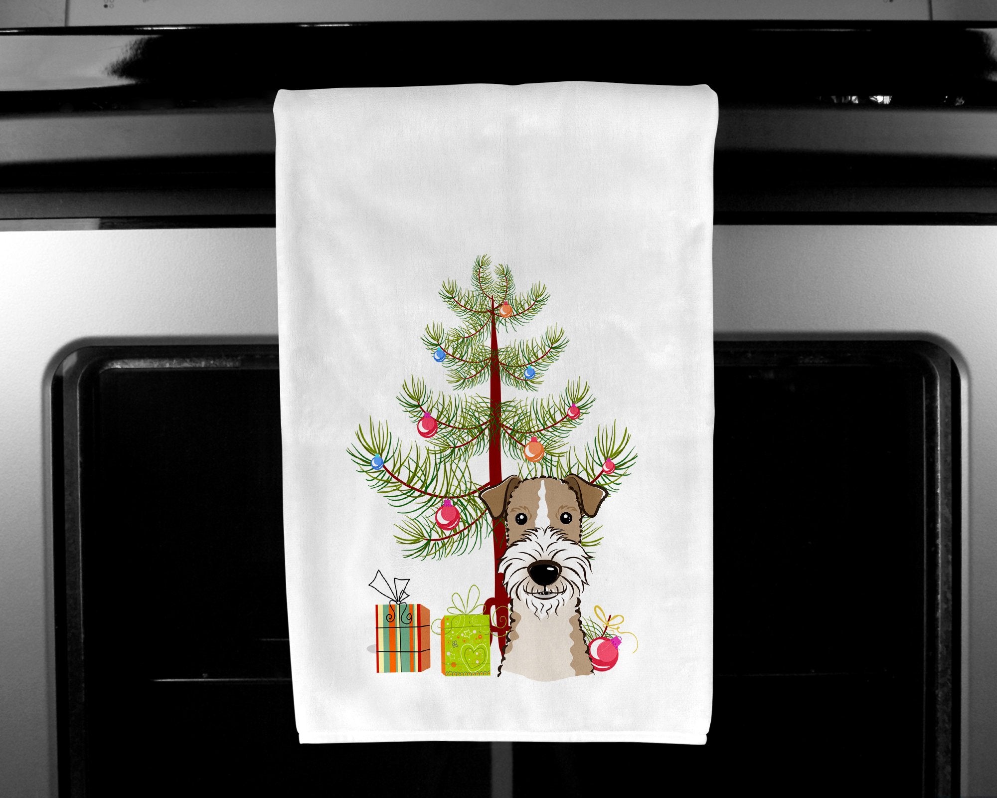 Christmas Tree and Wire Haired Fox Terrier White Kitchen Towel Set of 2 BB1619WTKT by Caroline's Treasures