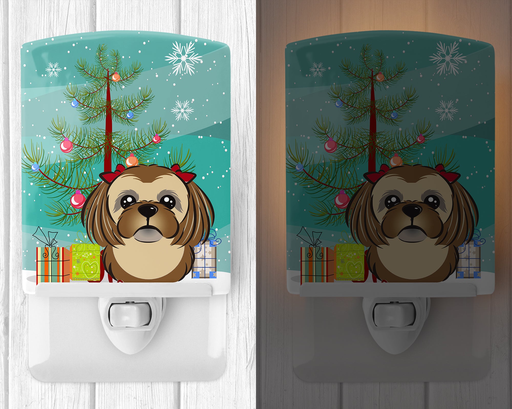 Christmas Tree and Chocolate Brown Shih Tzu Ceramic Night Light BB1621CNL - the-store.com