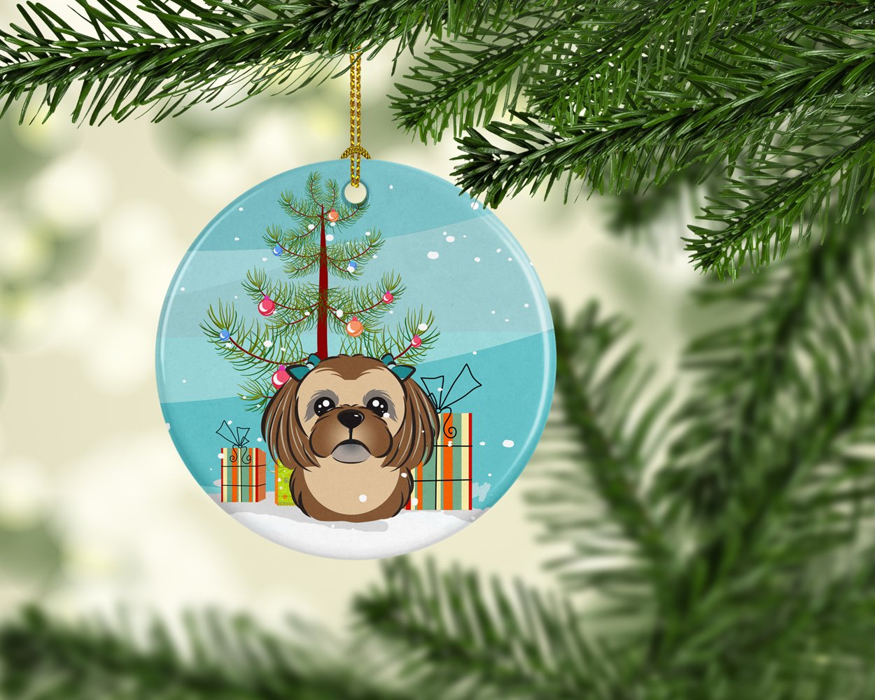 Christmas Tree and Chocolate Brown Shih Tzu Ceramic Ornament BB1621CO1 by Caroline's Treasures