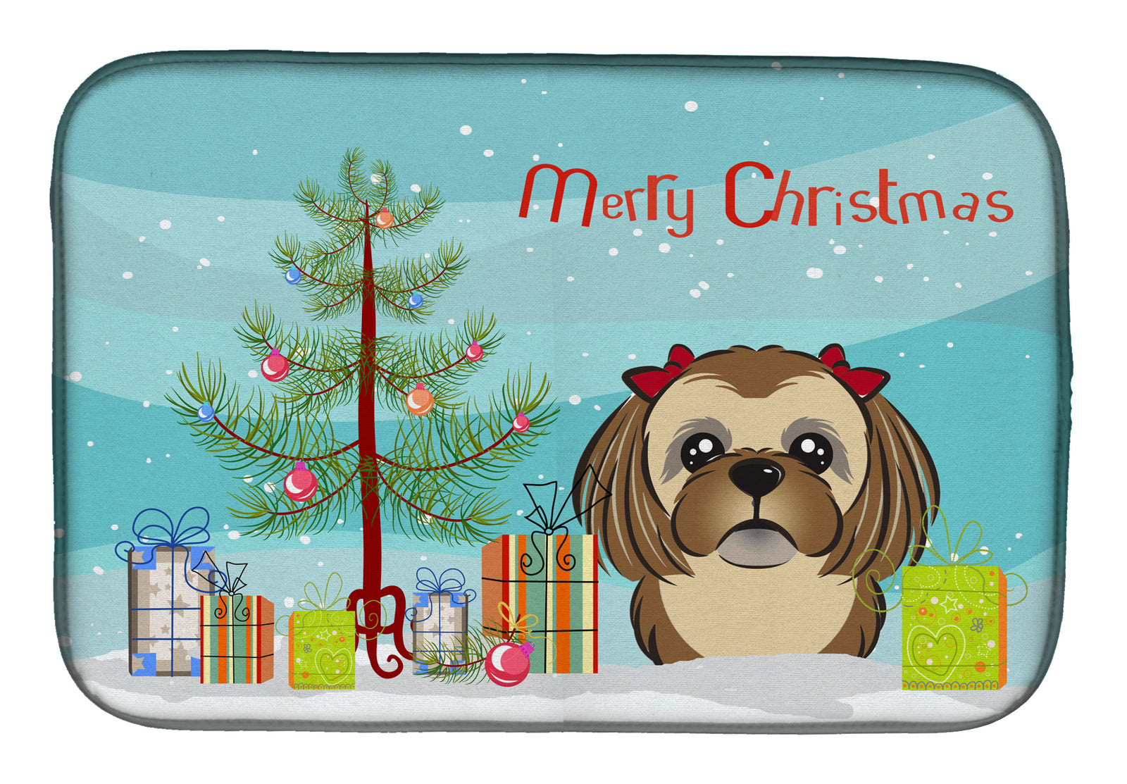 Christmas Tree and Chocolate Brown Shih Tzu Dish Drying Mat BB1621DDM  the-store.com.