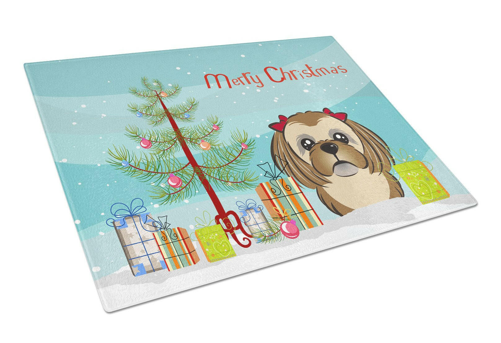 Christmas Tree and Chocolate Brown Shih Tzu Glass Cutting Board Large BB1621LCB by Caroline's Treasures