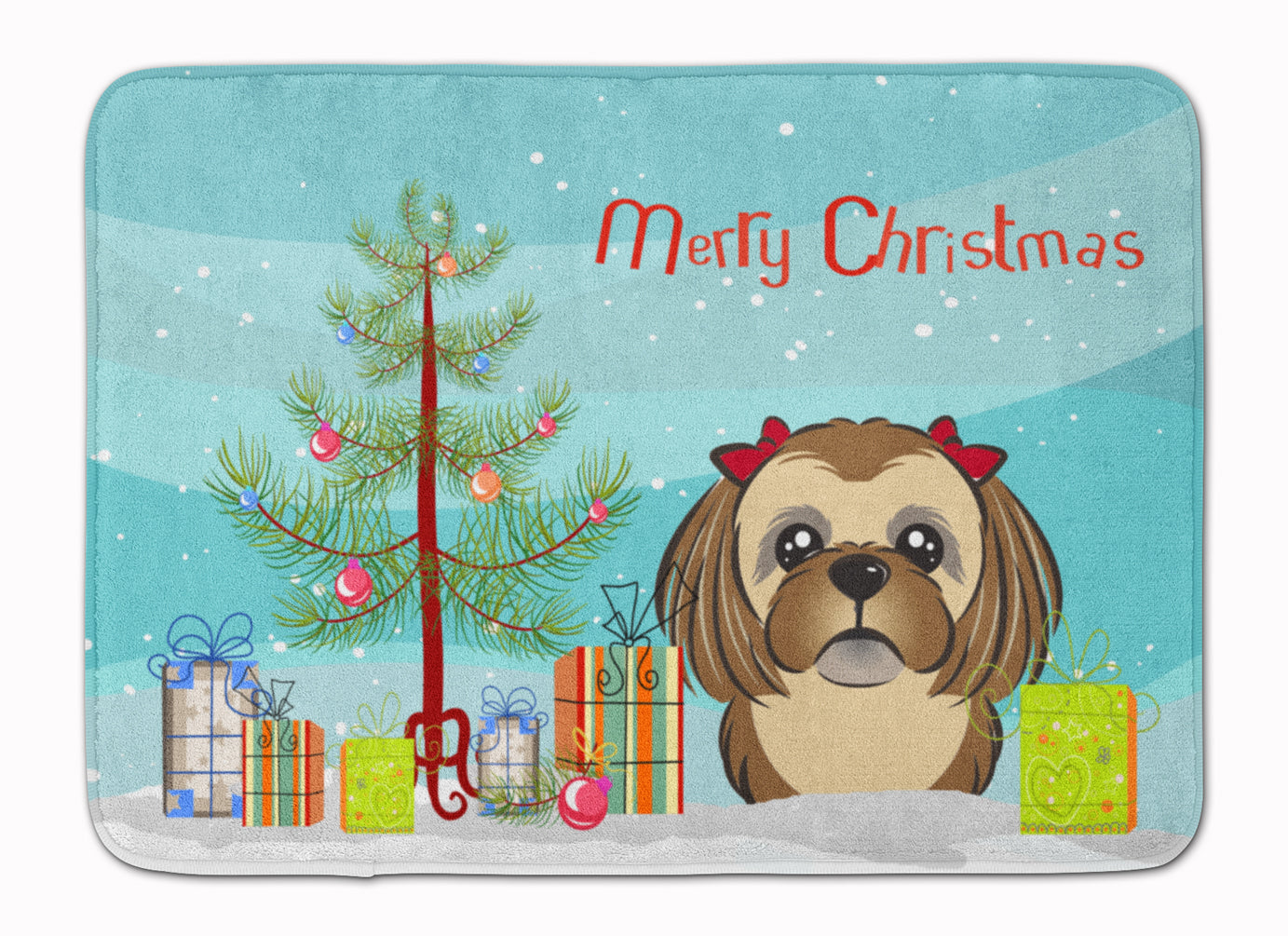 Christmas Tree and Chocolate Brown Shih Tzu Machine Washable Memory Foam Mat BB1621RUG - the-store.com