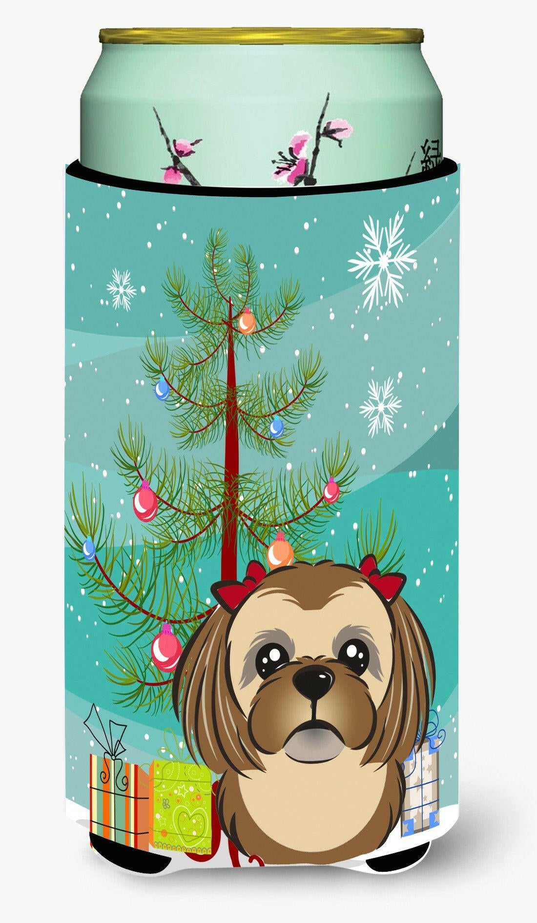 Christmas Tree and Chocolate Brown Shih Tzu Tall Boy Beverage Insulator Hugger BB1621TBC by Caroline's Treasures