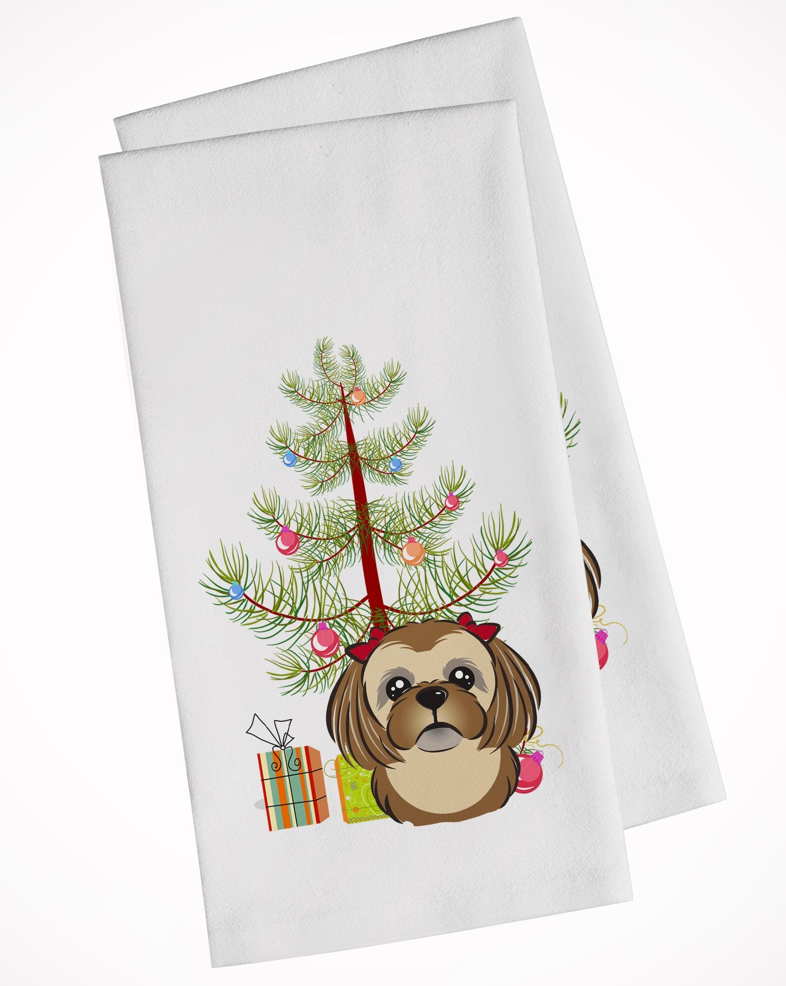 Christmas Tree and Chocolate Brown Shih Tzu White Kitchen Towel Set of 2 BB1621WTKT by Caroline's Treasures