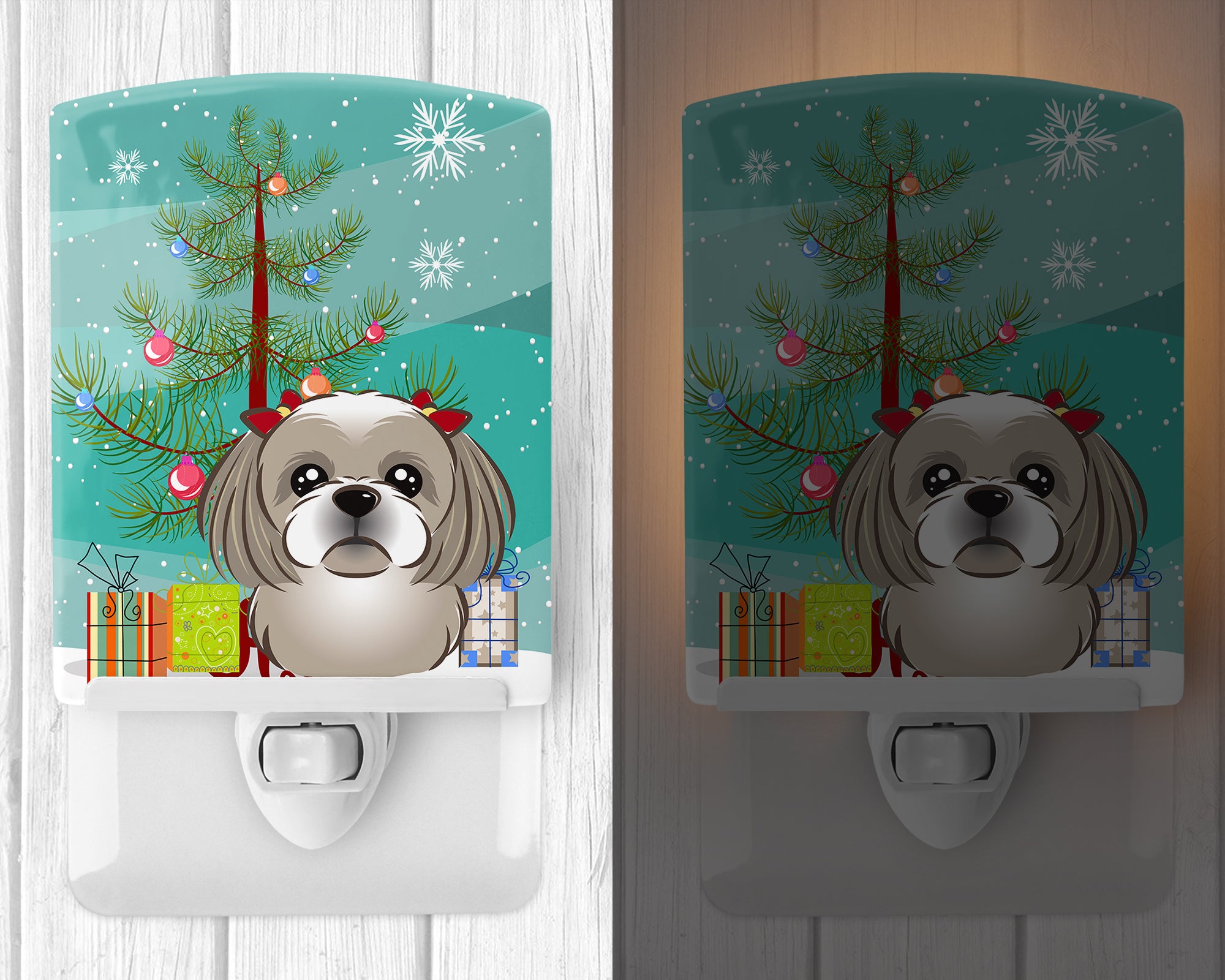 Christmas Tree and Gray Silver Shih Tzu Ceramic Night Light BB1622CNL - the-store.com