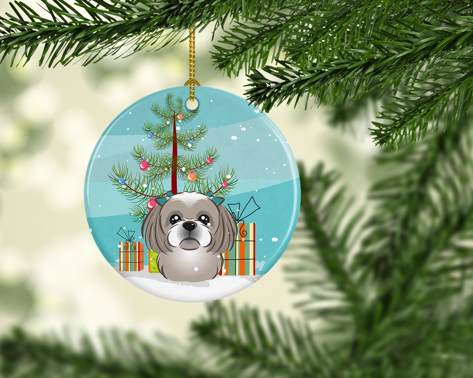 Christmas Tree and Gray Silver Shih Tzu Ceramic Ornament BB1622CO1 - the-store.com