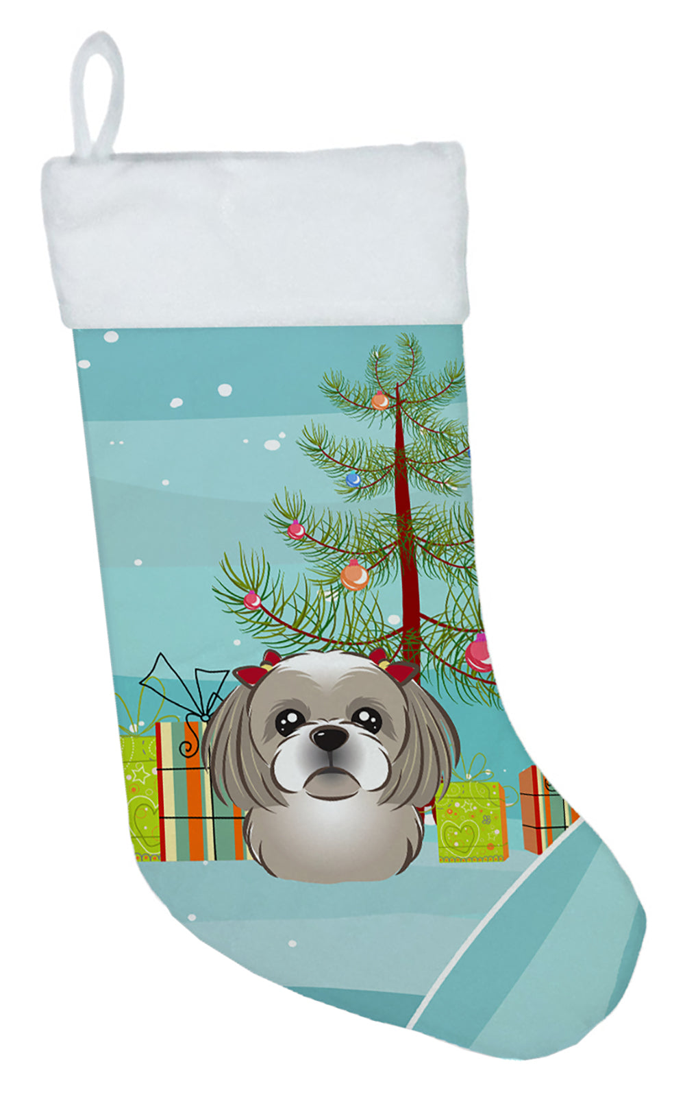 Christmas Tree and Gray Silver Shih Tzu Christmas Stocking BB1622CS  the-store.com.